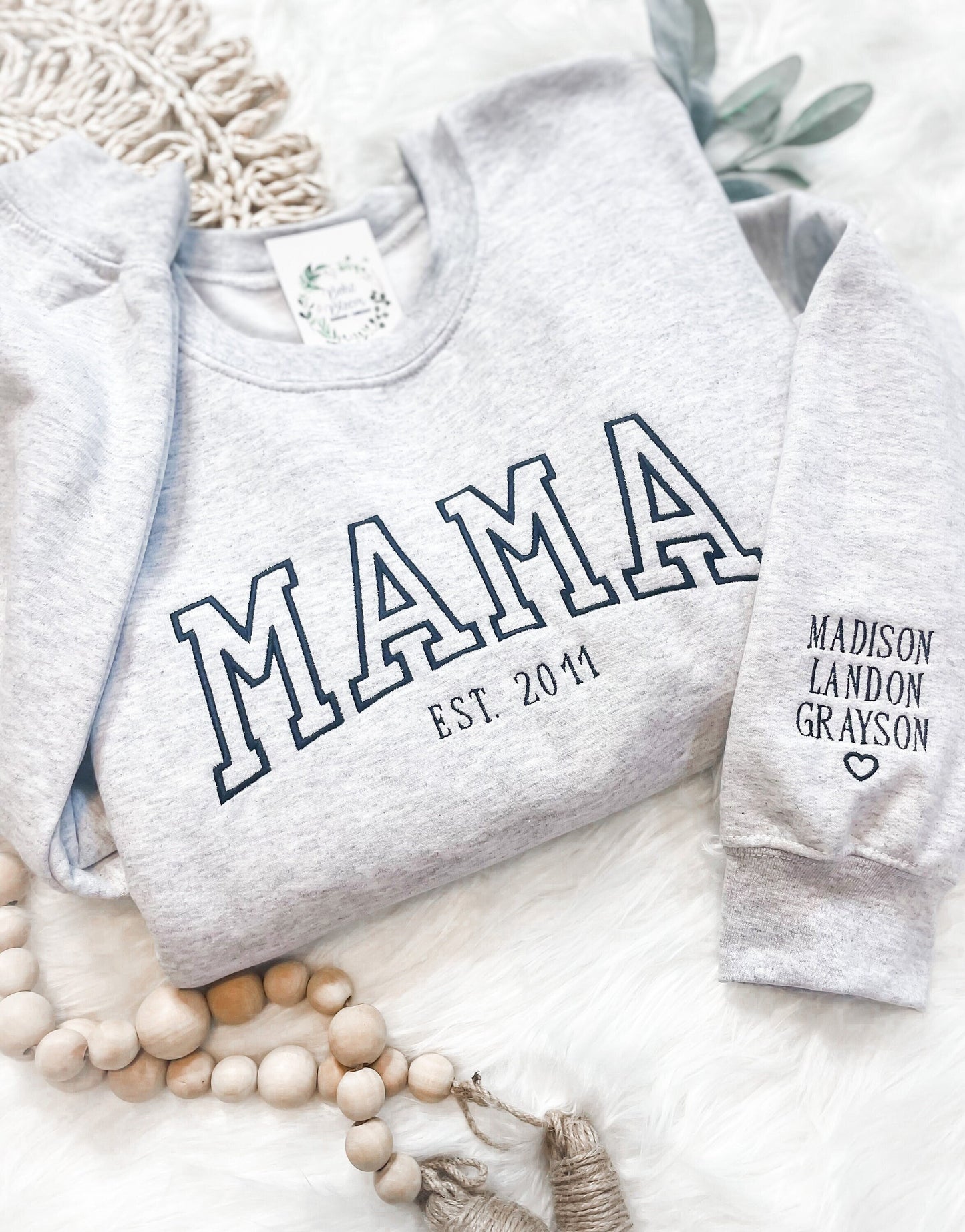 Custom Varsity MAMA Sweatshirt with Kids Names On Sleeve | Personalized Sleeve Embroidered Crew Neck | Mom EST Pullover | Gifts For Mom |