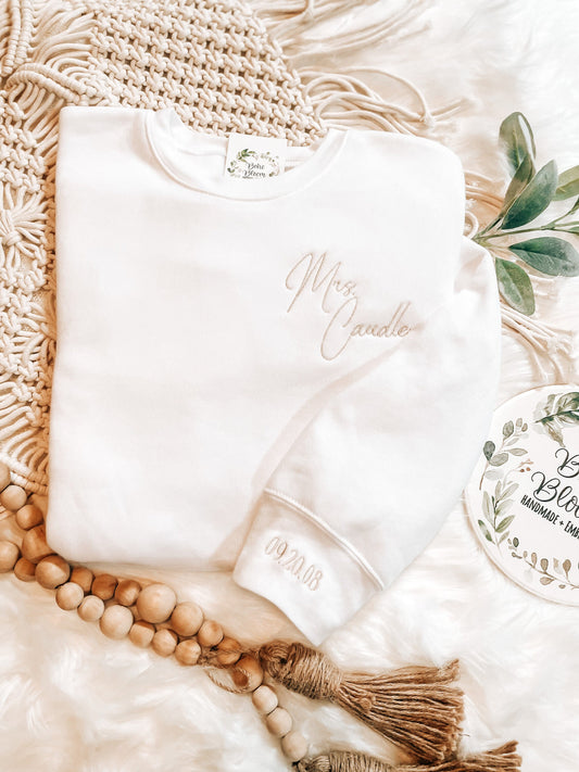 Personalized Mrs. Sweatshirt | Custom Wife Sweatshirt | Lightweight Bridal Sweatshirt| Wedding Date On Sleeve | Embroidered Bridal Sweatshir