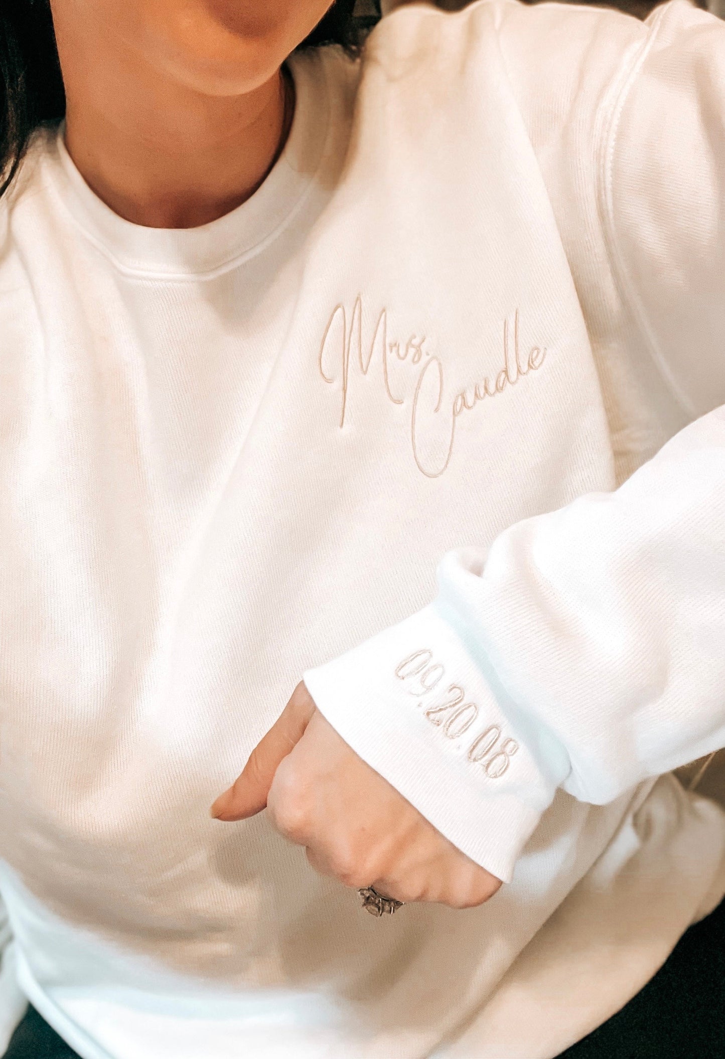 Personalized Mrs. Sweatshirt | Custom Wife Sweatshirt | Lightweight Bridal Sweatshirt| Wedding Date On Sleeve | Embroidered Bridal Sweatshir