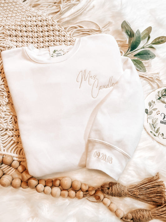 Personalized Mrs. Sweatshirt | Custom Wife Sweatshirt | Lightweight Bridal Sweatshirt| Wedding Date On Sleeve | Embroidered Bridal Sweatshir