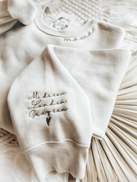 Custom MAMA Sweatshirt With Sleeve Embroidery | Neutral Mama Sweatshirt | Personalized Mama Pullover With Kids Names | New Mother gift |