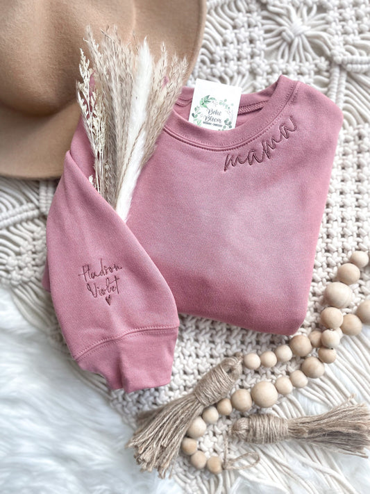 Custom Collar and Sleeve Embroidered Sweatshirt | Mama and Grandmother Sweatshirt with Kids Names | Gifts For Mom | Mother's Day Gifts |