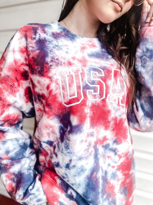 4th of July Sweatshirts and Tees | Embroidered Tie-dye USA shirt | Women's 4th of July | Patriotic Shirt | Red White and Blue Tie-dye
