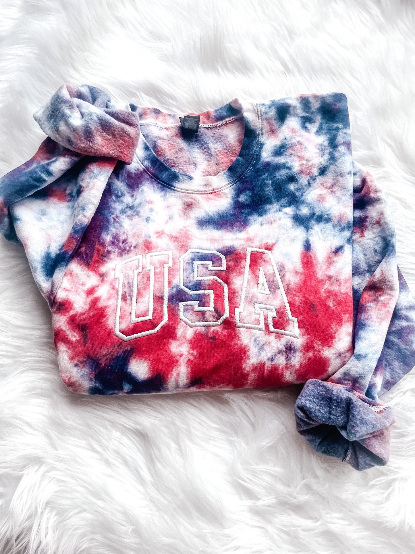 4th of July Sweatshirts and Tees | Embroidered Tie-dye USA shirt | Women's 4th of July | Patriotic Shirt | Red White and Blue Tie-dye