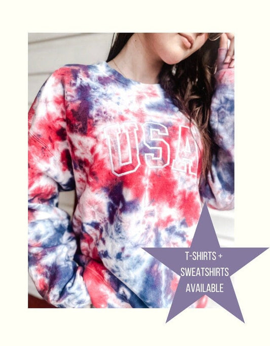 4th of July Sweatshirts and Tees | Embroidered Tie-dye USA shirt | Women's 4th of July | Patriotic Shirt | Red White and Blue Tie-dye