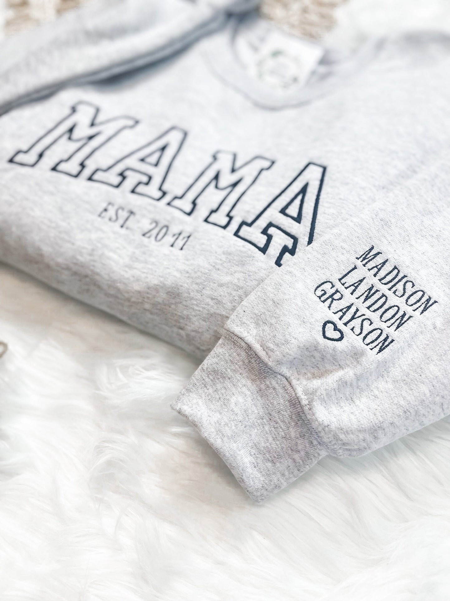 Custom Varsity MAMA Sweatshirt with Kids Names On Sleeve | Personalized Sleeve Embroidered Crew Neck | Mom EST Pullover | Gifts For Mom |