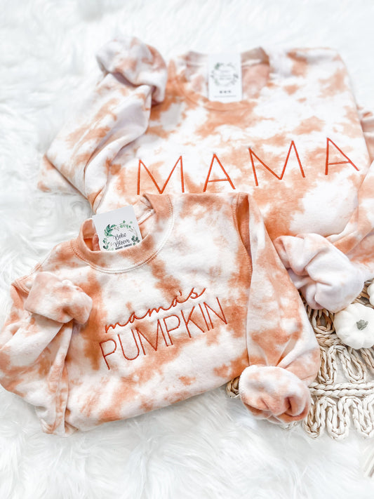 Matching Mama and Mama's Pumpkin Fall Sweatshirts, Embroidered Mommy and Me Sweaters, Mom and Me Outfit, Fall Tie-dye Crewneck, Fall Gifts